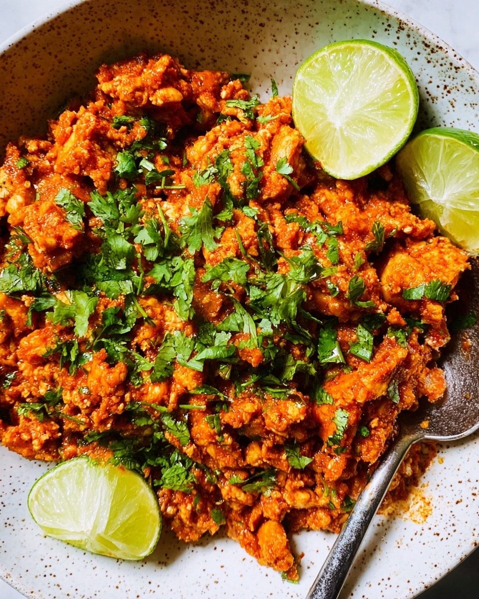 A close-up image shows a spoon with orange-brown cooked ground meat mixed with green fresh chopped herbs held above a white speckled bowl filled with the same mixture. Two bright green lime wedges rest on the mixture in the bowl. The background is a warm wooden table surface. The textures of the cooked meat are crumbly with bits of herbs scattered on top. Photo taken with an iphone --ar 4:5 --v 7