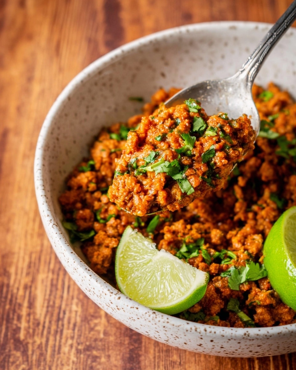 The dish shows a pile of spicy cooked meat in a white shallow bowl with a speckled pattern, layered with bright green chopped cilantro sprinkled all over the top. Two lime wedges, one with a fresh glossy surface and the other cut to show the juicy inside, sit on opposite sides of the meat, adding a pop of green and freshness. The texture of the meat looks crumbly and rich with a reddish-orange hue, and there is a large silver spoon resting in the bowl partially visible on the right side. The bowl is placed on a white marbled surface. Photo taken with an iphone --ar 4:5 --v 7