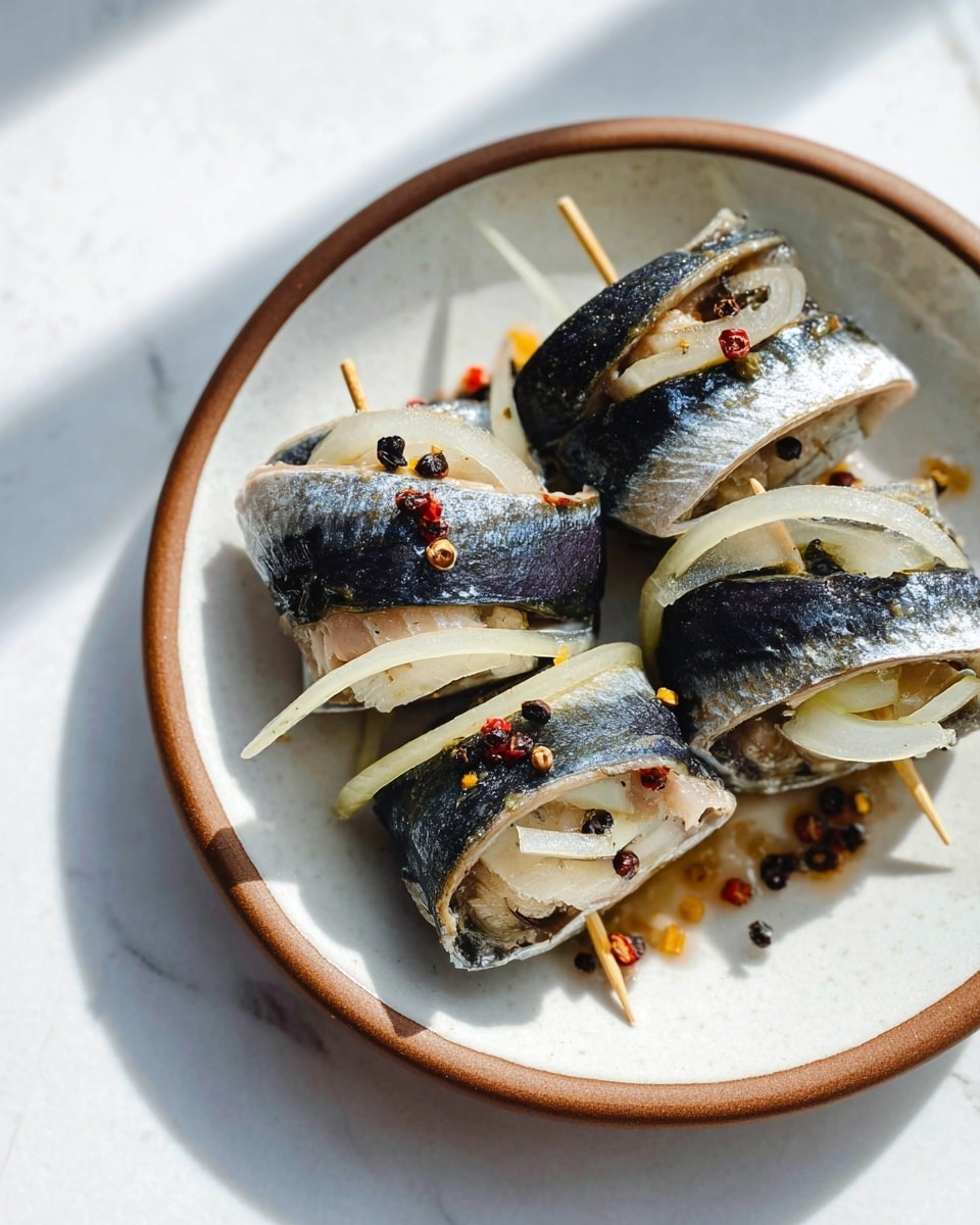 The image shows rolled pieces of fish with dark, shiny skin on the outside and light, fleshy meat inside, placed in a white plate with a brown rim. Each roll has layers of thin, white strips of what looks like onions or radish inside, along with small round spices in red, black, and yellow that are scattered around and on the rolls. The rolls are held together with wooden sticks, visible poking through them. The plate sits on a white marbled surface with soft natural light casting shadows. photo taken with an iphone --ar 4:5 --v 7