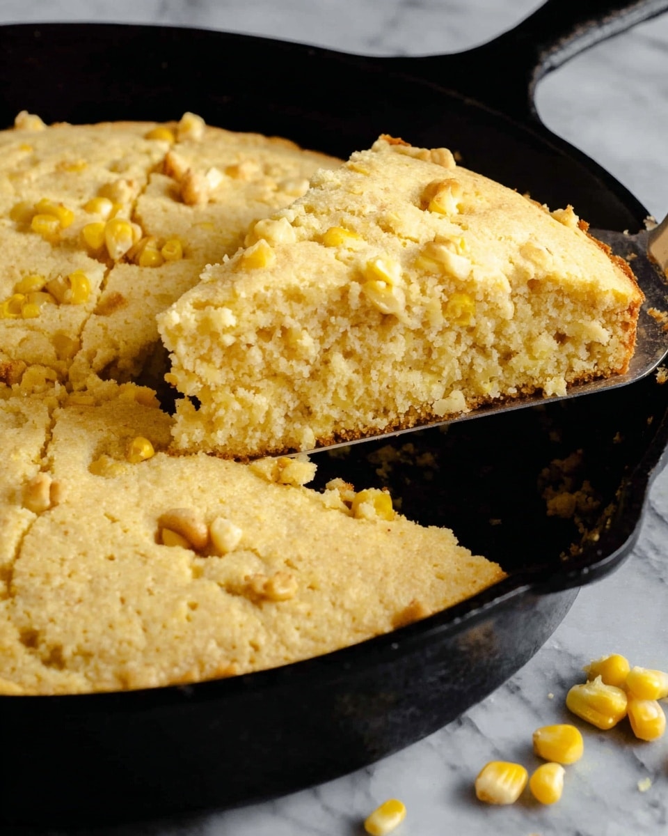 A thick, fluffy corn bread with a pale yellow color is shown inside a black cast iron skillet. The corn bread has small pieces of yellow corn scattered throughout, giving it some texture and contrast. One triangular slice is being lifted with a metal spatula from the skillet, showing the soft, crumbly inside layer that matches the top. A few loose corn kernels are on the skillet near the removed slice. The background is a white marbled texture. photo taken with an iphone --ar 4:5 --v 7