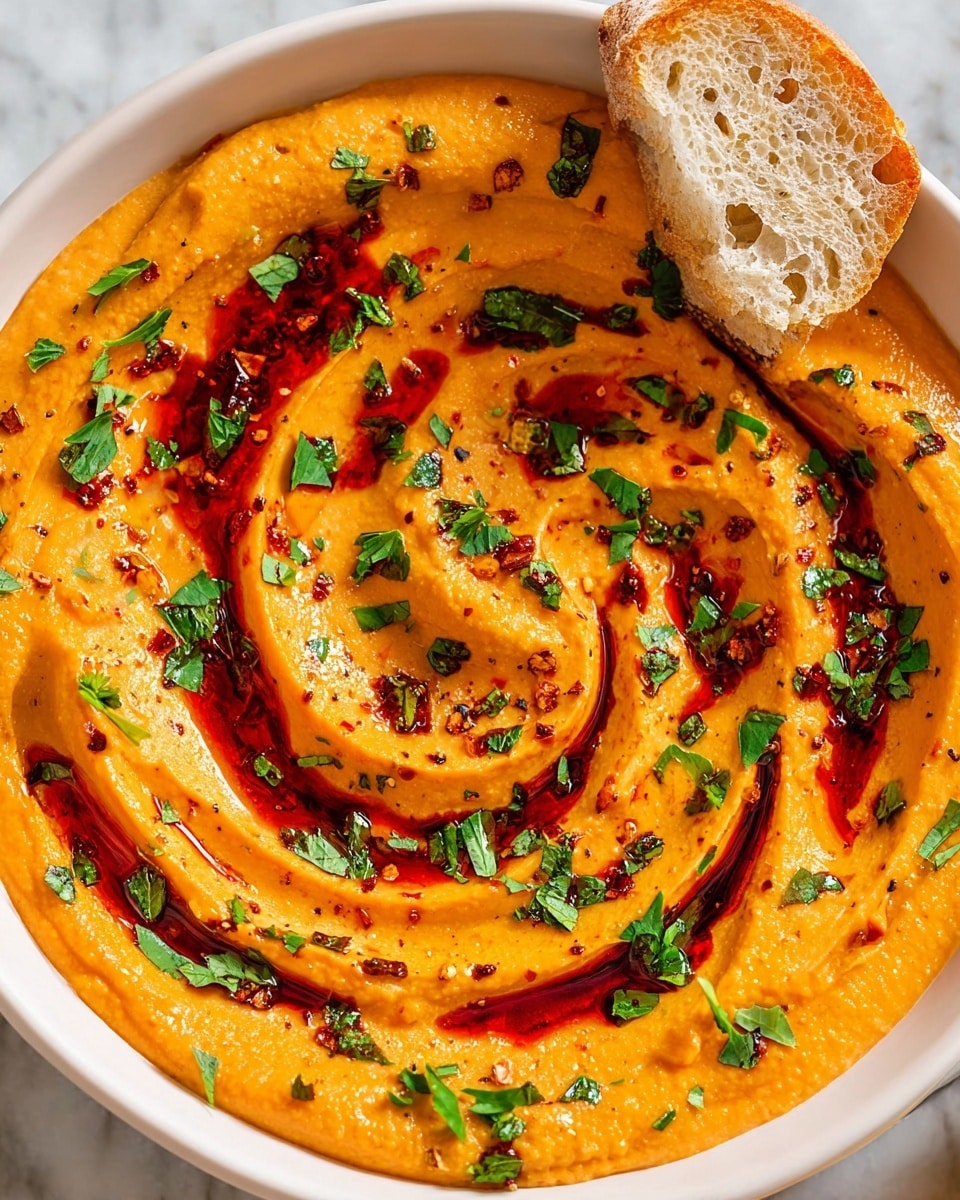 A white bowl filled with a thick, smooth orange dip that has waves and swirls on the surface, drizzled with dark red oil or sauce in irregular lines and small pools. The dip is sprinkled with bright green chopped herbs and black pepper evenly across the top. On one side, a piece of crusty, light brown bread is partially dipped, showing its airy texture. The bowl sits on a white marbled surface. Photo taken with an iphone --ar 4:5 --v 7