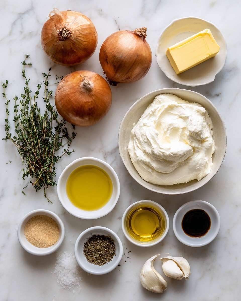 A group of ingredients is arranged neatly on a white marbled surface: two whole brown onions placed near the top left, a small white bowl with a yellow stick of butter near the top right, two garlic cloves in a small white dish below the butter, and fresh thyme sprigs to the left of a larger white bowl filled with thick, creamy Greek yogurt in the center. Surrounding the yogurt bowl are small white bowls filled with different items including pale yellow white wine, dark Worcestershire sauce, light brown garlic powder, black pepper, golden olive oil, and white salt. The overall scene is bright and clear, showing the natural textures and colors of each ingredient. Photo taken with an iphone --ar 4:5 --v 7