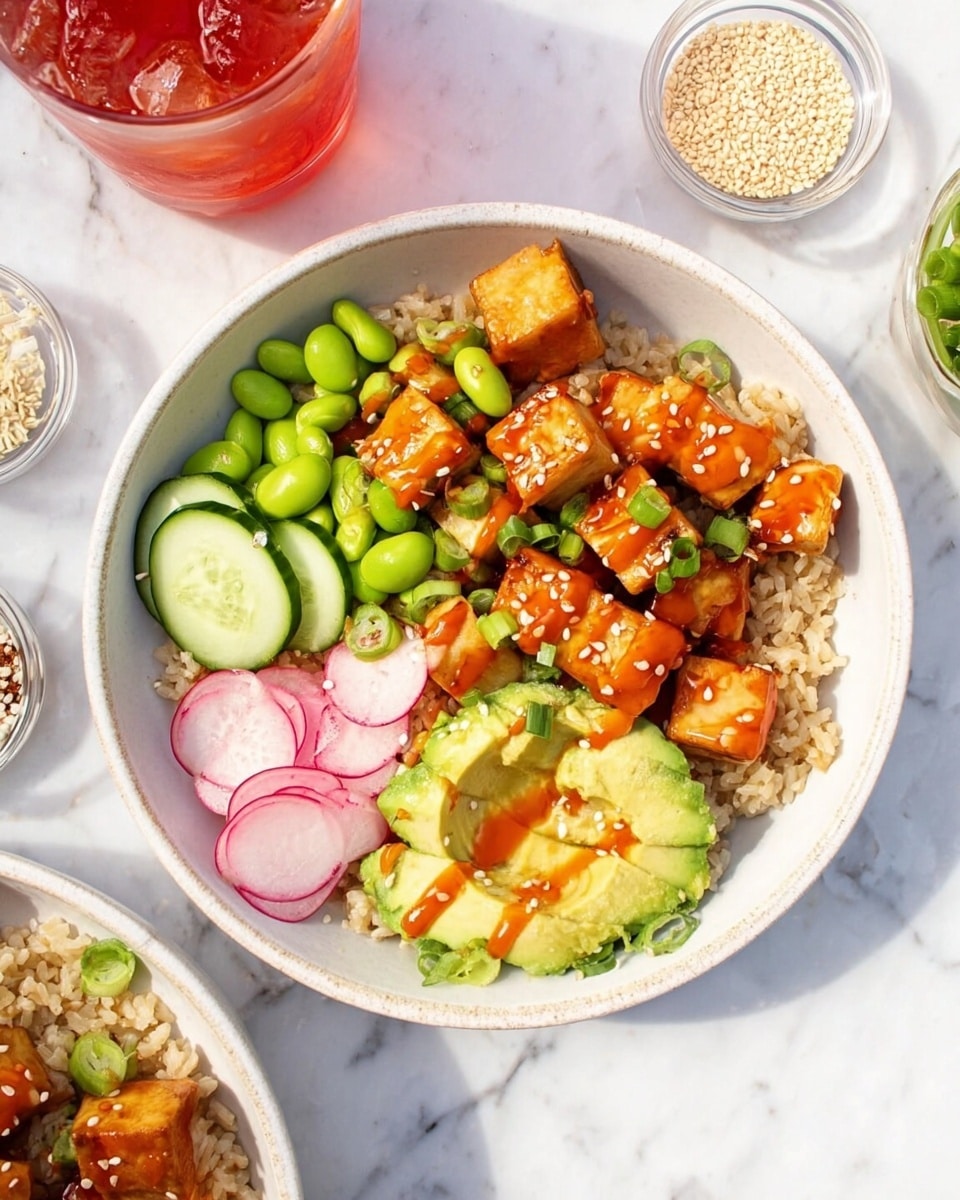 A white bowl filled with four main layers starting with a base of light brown rice, topped with golden brown cubes of tofu drizzled with a red-orange sauce and sprinkled with small green onion slices and white sesame seeds. To the left, bright green edamame beans sit above several thin, round slices of light green cucumber, while below the cucumber there are thin, round pink radish slices. In the front, chunky pieces of light green avocado with a creamy texture are drizzled with a light orange dressing. The bowl is placed on a white marbled surface with a glass of iced red drink in the top left corner and small containers of sesame seeds and light brown sauce nearby, photo taken with an iphone --ar 4:5 --v 7