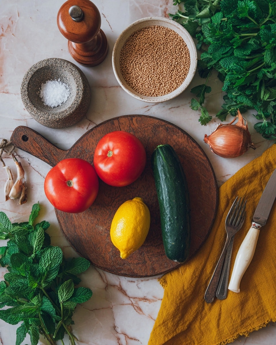 A top view of a wooden cutting board on a white marbled surface holding three red tomatoes arranged near the center, a dark green cucumber placed diagonally on the lower left, and a bright yellow lemon positioned upper left. To the upper right, a white bowl filled with light brown grains sits next to a fresh bunch of green parsley. A small round stone container filled with coarse salt is to the left edge, while a wooden pepper grinder rests on a textured white plate above the tomatoes. A shallot is placed on a small light wooden spoon near the cucumber. A bunch of fresh mint with deep green leaves lies at the bottom right over a mustard yellow cloth. A knife with a white handle and rustic wooden salad forks are placed near the cloth. The scene is set against a background of white marble texture. Photo taken with an iphone --ar 4:5 --v 7