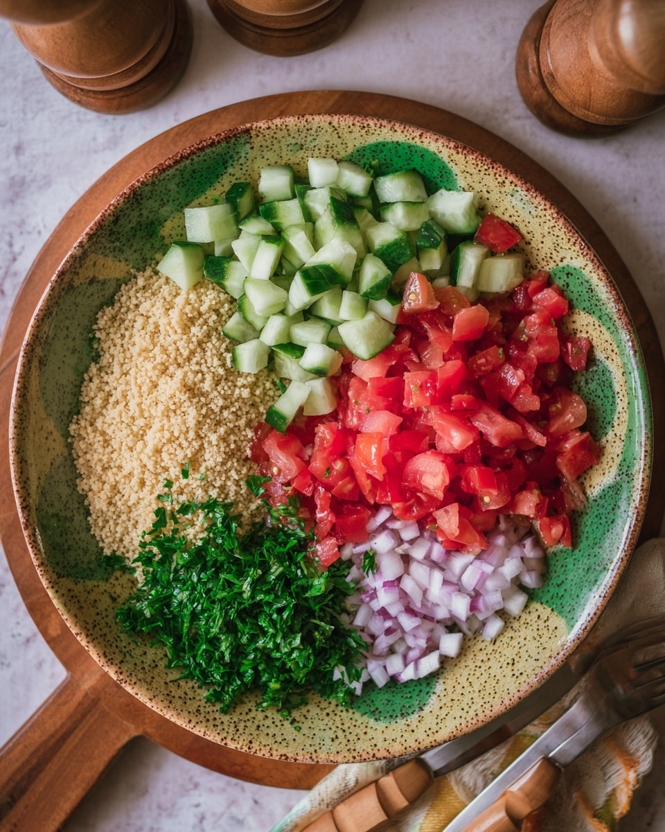 A large round bowl with green and brown spots holds five separate layers of fresh ingredients arranged side by side: light beige couscous grains on the left, small bright green cucumber cubes on the top, chopped red tomatoes covering a large part of the bowl, finely chopped dark green parsley near the bottom, and small white chopped onions on the bottom right. The bowl sits on a wooden board with a wooden pepper grinder and wooden fork resting nearby on a white marbled surface. Photo taken with an iphone --ar 4:5 --v 7