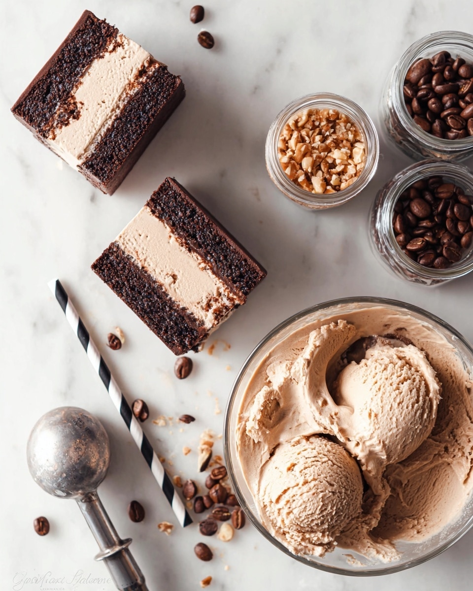 The image shows three square chocolate ice cream sandwiches with two dark brown cake layers and a middle layer of light brown chocolate ice cream. One sandwich is broken to show the ice cream inside. Next to them is a large clear bowl with smooth light brown chocolate ice cream, partly scooped out with a metal ice cream scoop inside. Coffee beans are scattered on a white marbled surface around the sandwiches and bowl. To the top right are two small glass jars, one with crushed nuts and the other with coffee beans, both open. Two black-and-white striped paper straws lie nearby. Photo taken with an iphone --ar 4:5 --v 7