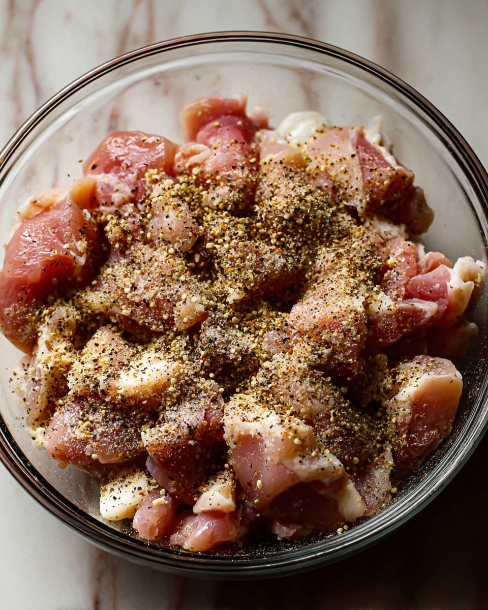 A clear glass bowl filled with irregular pieces of raw pink chicken, sprinkled all over with a layer of beige garlic powder and black pepper flakes, creating a rough texture on top. The chicken pieces have a mix of light pink and slightly darker pink shades with small bits of white fat showing. The bowl sits on a surface with a white marbled texture. Photo taken with an iphone --ar 4:5 --v 7