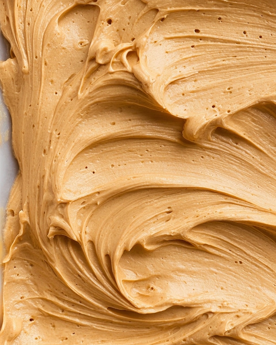 The image shows a close-up view of a creamy, smooth mixture with a light brown color spread evenly with soft, thick swirls and slight air bubbles throughout. The texture looks soft and fluffy, with visible streak marks and gentle peaks suggesting it was recently stirred or spread. The surface beneath has a white marbled texture, enhancing the contrast of the light brown mixture. Photo taken with an iphone --ar 4:5 --v 7