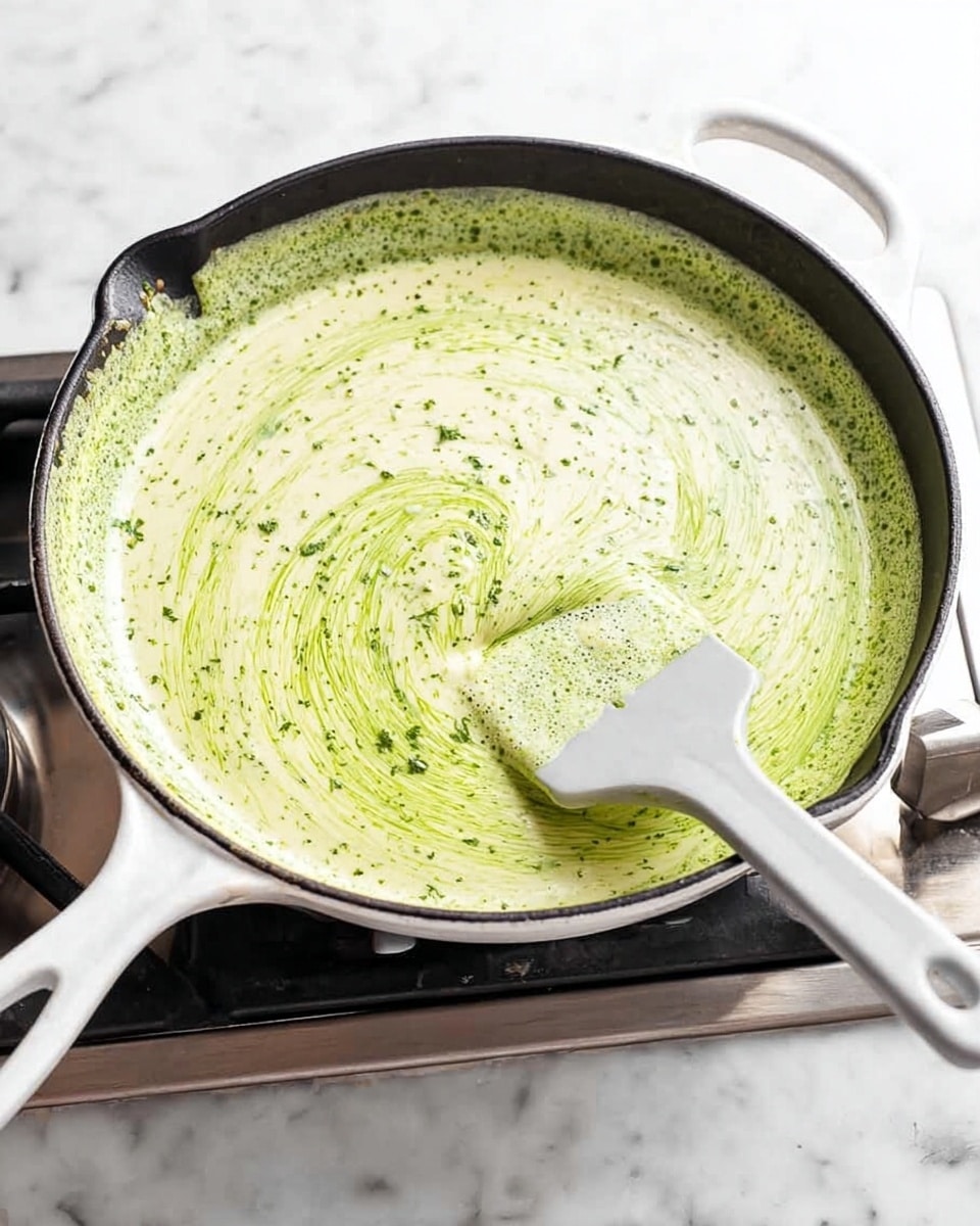 A light green sauce with creamy white swirls is being stirred in a white cast iron skillet. The sauce has a smooth texture with small green herb bits spread throughout. A white spatula with some green sauce on it rests against the side of the skillet. The background shows a white marbled stove top surface under the skillet. photo taken with an iphone --ar 4:5 --v 7
