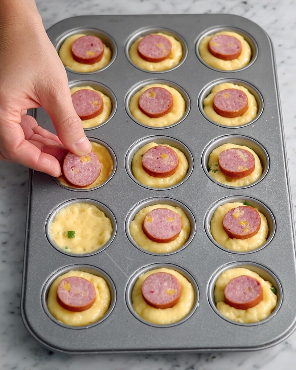 A gray metal muffin tray with 24 round cups sits on a white marbled surface. Each cup except the last row is filled with a pale yellow batter that has a smooth, slightly thick texture. On top of the batter, there is a round slice of pink sausage with small bits of yellow and green embedded in it, centered in most of the cups. A woman's hand is placing or adjusting a sausage slice in one of the cups in the third row from the bottom and the second column from the right. Photo taken with an iphone --ar 4:5 --v 7