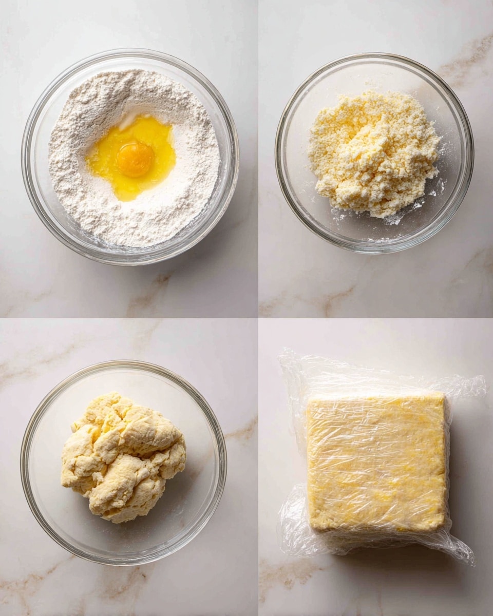 A clear glass bowl on a white marbled surface shows four steps of dough making: (1) white flour piled with a well in the center holding yellow beaten egg; (2) the ingredients mixed into a crumbly, pale dough with small lumps; (3) the dough shaped into a rough, light yellow square block with a slightly uneven texture on the white marbled surface; (4) the dough block wrapped tightly in clear plastic wrap, still showing the pale yellow color and bumpy texture beneath photo taken with an iphone --ar 4:5 --v 7