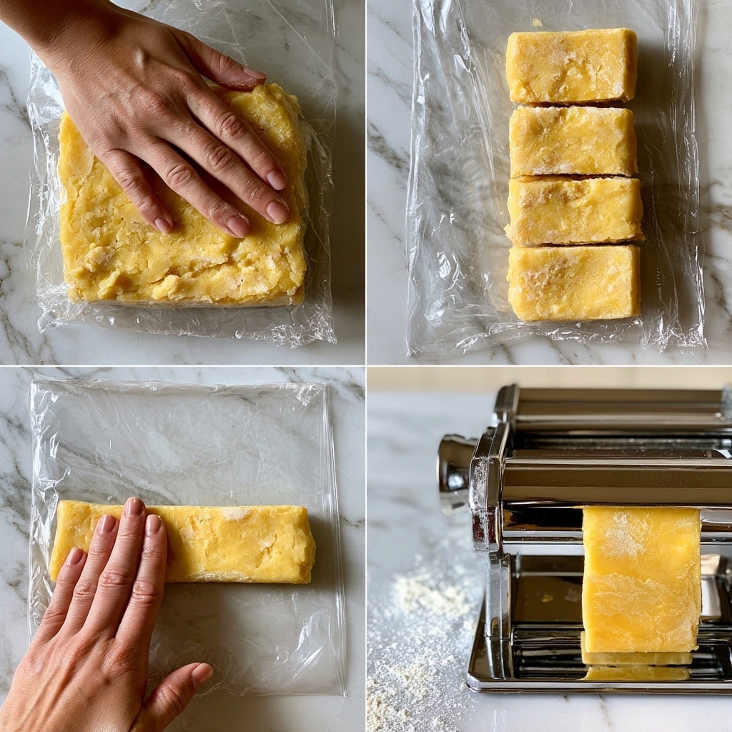 Four images show the process of shaping dough on a white marbled surface. The first image has a woman's hand pressing on a thick, rough yellow dough square wrapped in clear plastic. The second image shows the dough cut into three thick pieces arranged vertically on the same plastic. In the third image, a hand is pressing down a smaller rectangular piece of dough beside the plastic on the white marbled surface dusted with flour. The fourth image shows the yellow dough piece being fed into a shiny silver pasta roller marked