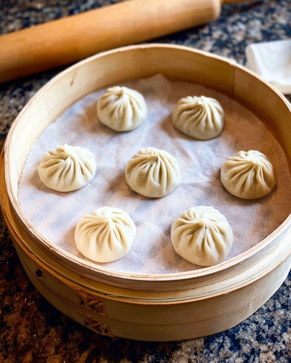 A round bamboo steamer holds six round, pleated dumplings arranged evenly on a light parchment paper liner. Each dumpling is pale white with soft, detailed folds gathered at the top center, showing a smooth and slightly puffy dough texture. The bamboo steamer rests on a dark granite surface with a wooden rolling pin blurred in the background. photo taken with an iphone --ar 4:5 --v 7