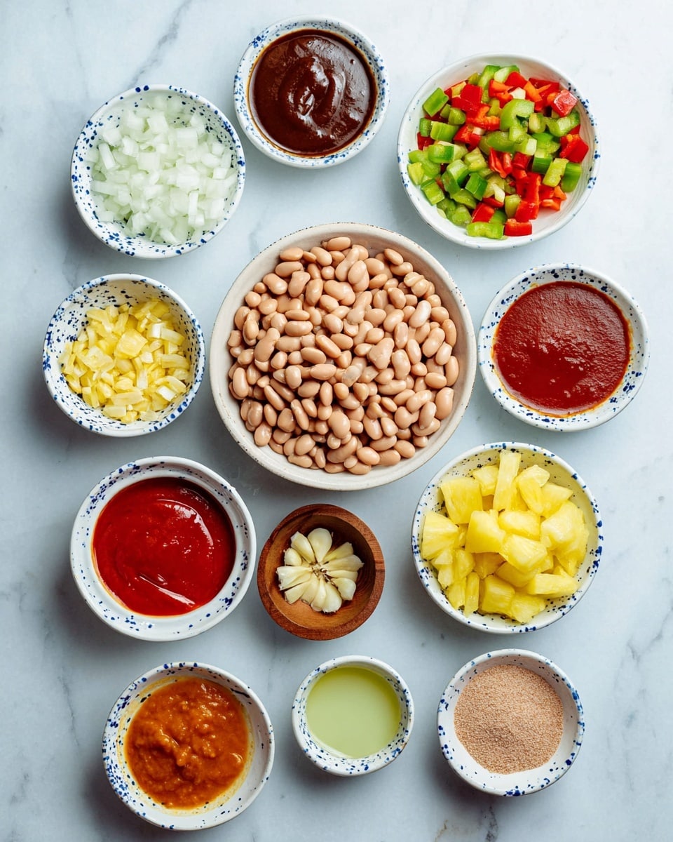 The image shows eleven small white bowls with blue splatters arranged on a white marbled surface. The largest bowl in the center holds light brown beans. Surrounding it are smaller bowls: one with finely chopped white onions, one with a mix of chopped green and red bell peppers, one with finely diced yellow pineapple, and one with minced garlic in a small wooden bowl. Other bowls contain various sauces and pastes, including a thick dark brown sauce, a bright red sauce, a pale yellow creamy sauce, a reddish orange sauce, a darker brown chunky sauce, a light pale green liquid, and a light brown powdery substance. The bowls are neatly spaced with bright colors contrasting against the gentle marbled texture. photo taken with an iphone --ar 4:5 --v 7