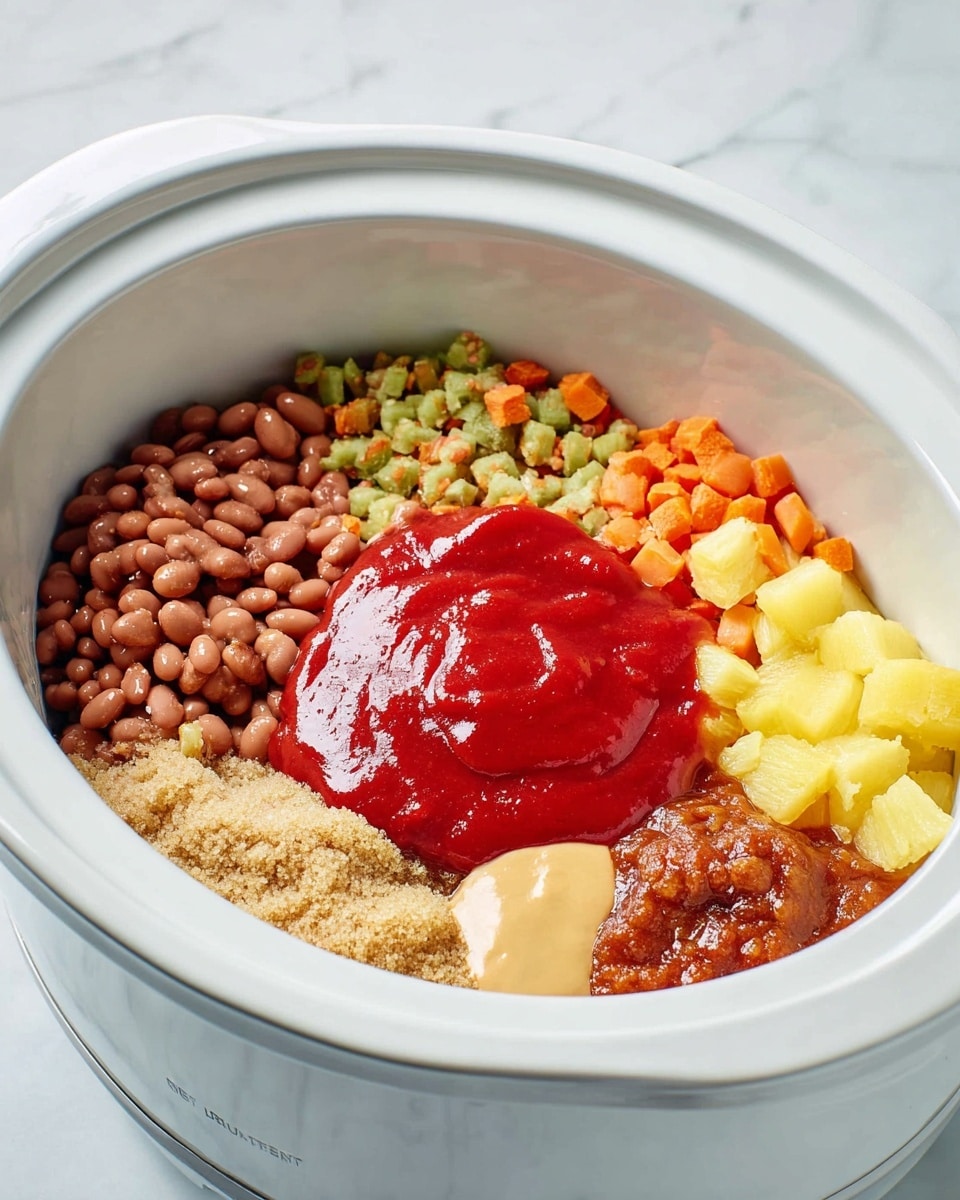 The image shows a white slow cooker with six different ingredients placed inside, each forming separate layers and sections. In the center, there is a big dollop of bright red ketchup with a smooth, shiny texture. To the left of the ketchup, there are small, cooked brown beans. Next to the beans is a chopped mix of green and orange vegetables with a soft, slightly chunky texture. To the right of the ketchup, there are small yellow chunks of pineapple. Below the pineapple is a mound of light brown sugar that looks coarse and crumbly. Finally, there is a smooth, pale yellow mustard dollop near the brown sugar, and a reddish-brown sauce underneath. The inside of the cooker is white and shiny, set on a white marbled surface. Photo taken with an iphone --ar 4:5 --v 7