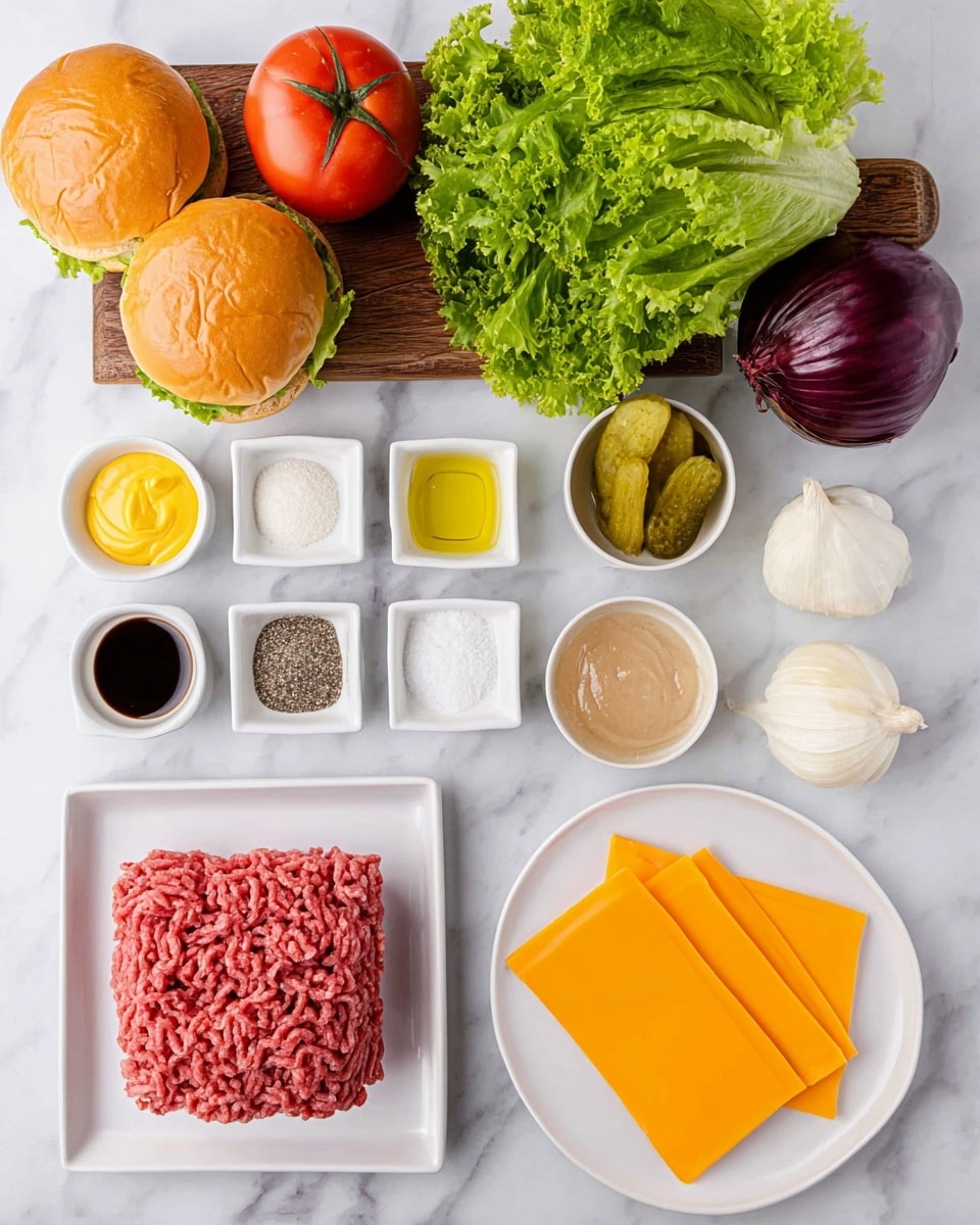 The image shows ingredients for a burger arranged neatly on a white marbled surface. At the top left, there are two soft, shiny golden brown burger buns placed on a small wooden board next to a bunch of bright green leafy lettuce and a red tomato with a green stem. A dark purple onion is partly visible above the buns. Below the buns, small white bowls hold yellow mustard sauce, pale yellow pickle slices, and a clear liquid that looks like oil. Further down, three more small white bowls contain white salt, black pepper, and a light tan seasoning. Next to those is a bowl with dark brown sauce and another with a creamy white spread. On the bottom left, raw ground beef is placed in a neat square on a white square plate, while on the bottom right, three slices of bright orange cheese are aligned on a white oval plate. A single clove of garlic sits near the top right. The photo was taken with an iphone --ar 4:5 --v 7