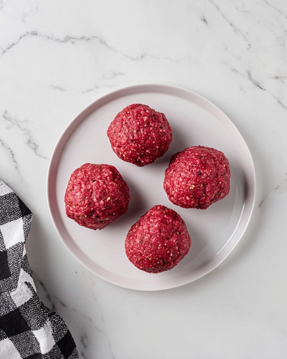 Four raw red meatballs with a slightly rough texture sit spaced apart on a simple white round plate. The plate rests on a white marbled surface and a black and white checkered cloth is partially visible in the bottom left corner. The meatballs show small bits of seasoning scattered throughout. photo taken with an iphone --ar 4:5 --v 7