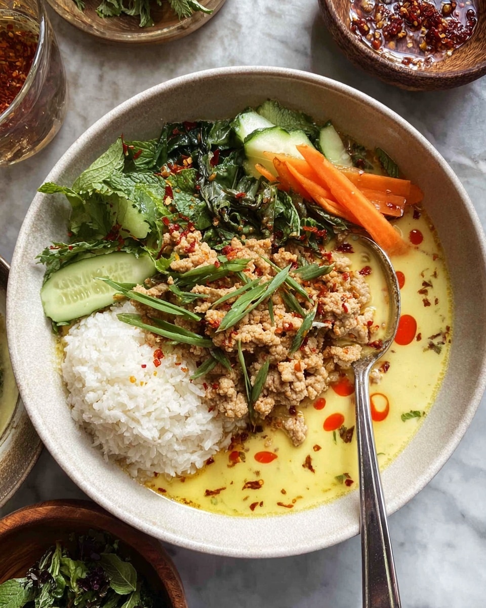 A shallow white bowl holds a meal with four main layers: at the bottom is a yellowish broth with a smooth texture, lightly drizzled with red oil spots. On the left side is a mound of fluffy white rice. On top of the rice and covering the center is a layer of crumbled cooked meat in light brown tones. The right side has a mix of green leafy vegetables, cucumber slices, and bright orange carrot slices with chili flakes scattered over them. Some chopped green herbs are sprinkled on top, with thin green leaves placed over the meat. A silver spoon rests on the right side inside the bowl. The bowl is set on a white marbled surface with partially visible glass and wooden bowls filled with chili sauce and herbs. Photo taken with an iphone --ar 4:5 --v 7