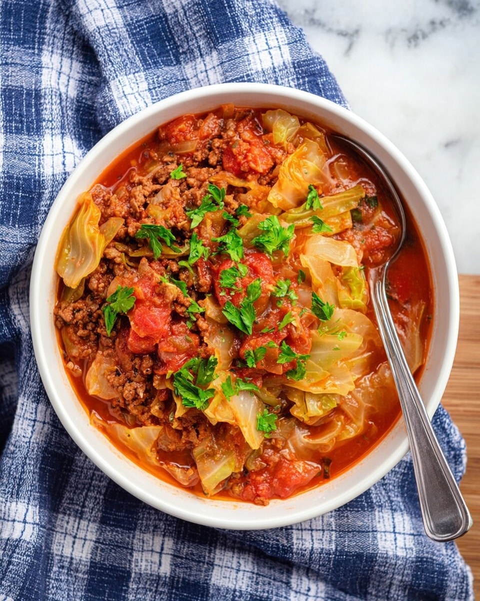 A white bowl filled with a stew that has three main layers: a bottom layer of deep red tomato broth, a middle layer of cooked cabbage pieces in light yellow with some translucent parts, and a top layer of finely ground brown meat mixed with chunks of red tomato and garnished with bright green parsley leaves scattered on top. A silver spoon rests inside the bowl on the right side. The bowl is placed on a blue and white checkered cloth, all set on a white marbled surface. Photo taken with an iphone --ar 4:5 --v 7