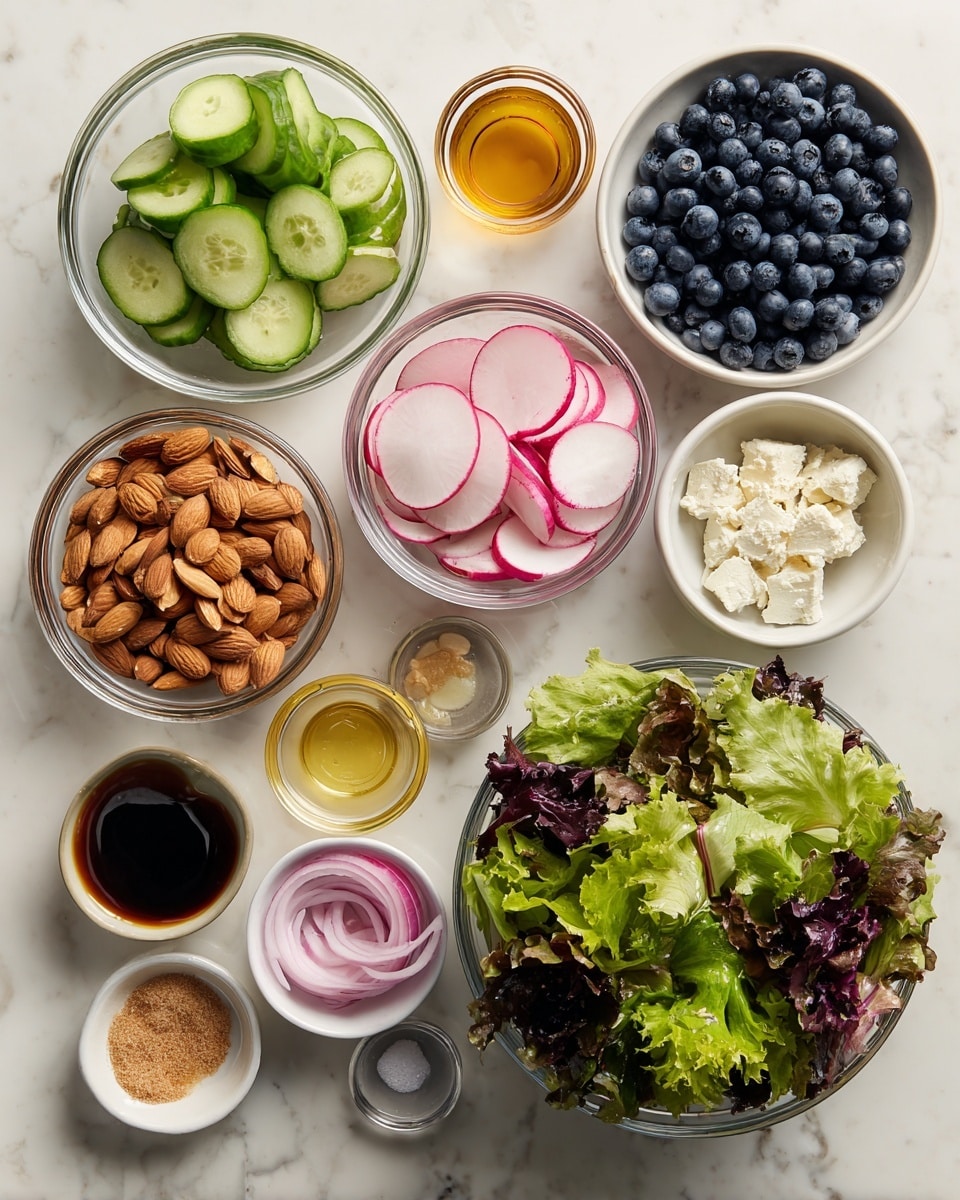 The image shows several clear glass bowls arranged on a white marbled surface, each filled with different fresh salad ingredients. In the largest bowl at the bottom right, there is a mix of green and dark purple lettuce leaves with varied textures and shapes. Above and to the right is a bowl full of small round blueberries in a deep dark blue color. To the left of the blueberries is a bowl with bright green cucumber slices, half-moons with smooth skin. Below the cucumber is a bowl of thinly sliced toasted almonds, light brown and slightly shiny. Below the almonds are thin light pink shallot rings in a small bowl. To the left of the shallots are thin slices of radishes, white with bright pink edges, displayed in a bowl. Above the radishes and on the upper left are small bowls containing dark balsamic vinegar, golden olive oil, amber honey, and pale creamy goat cheese with a soft texture. Smaller bowls hold smooth light brown dijon mustard, coarse sea salt, and speckled black pepper, all arranged neatly with some labels placed next to them. The whole setup is clean and colorful with fresh ingredients. Photo taken with an iphone --ar 4:5 --v 7