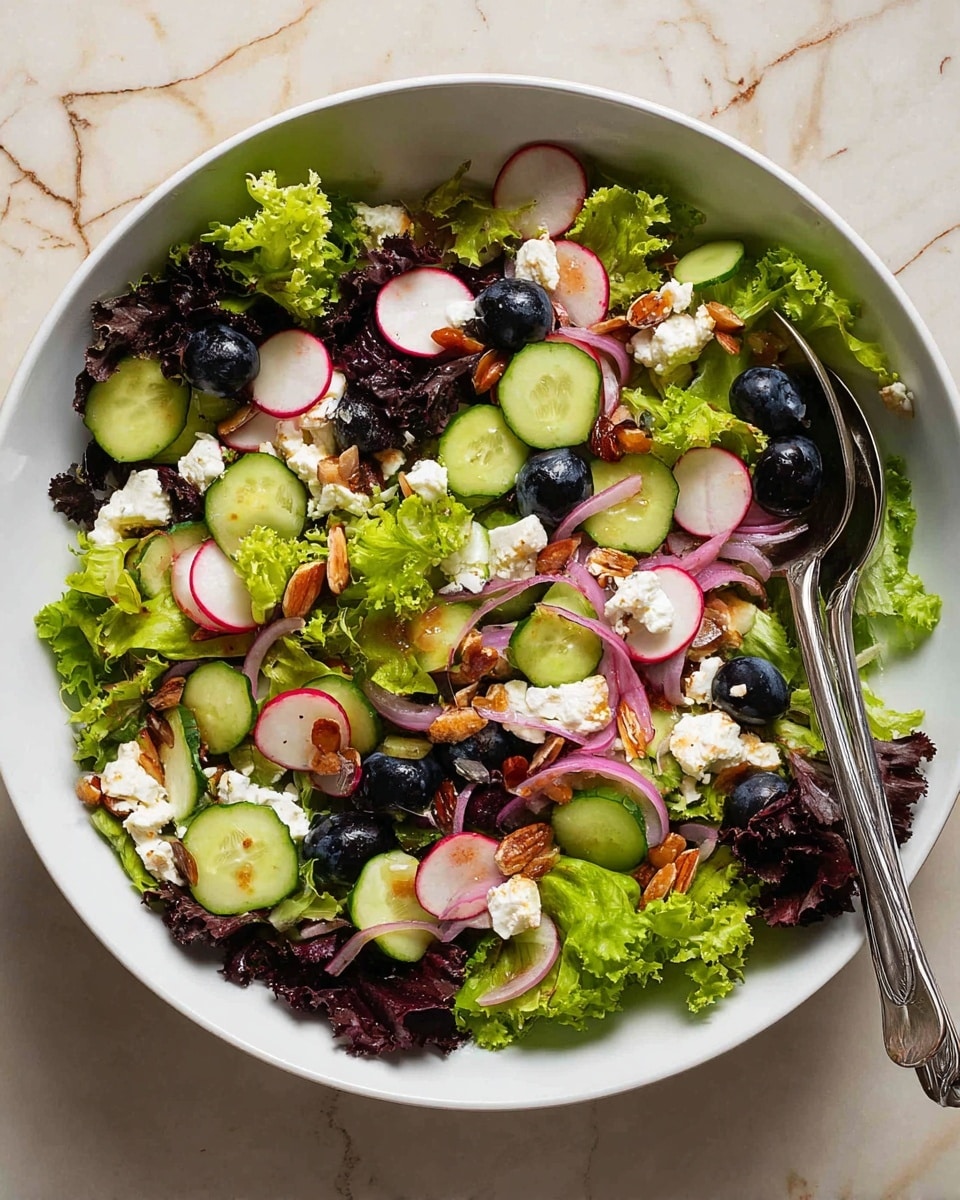 A white bowl filled with a colorful salad sits on a white marbled surface, containing bright green curly lettuce leaves and dark purple-tinted salad greens as the base layer. On top, there are thinly sliced pale green cucumbers, thin rounds of red-edged white radishes, and small purple-black grapes scattered evenly. Creamy white goat cheese crumbles are sprinkled all over, adding soft texture. Thin toasted almond slices add a light brown crunch, and thin rings of pink shallots or onions are spread across the salad. A metal fork and spoon rest inside the bowl, ready for serving. Photo taken with an iphone --ar 4:5 --v 7