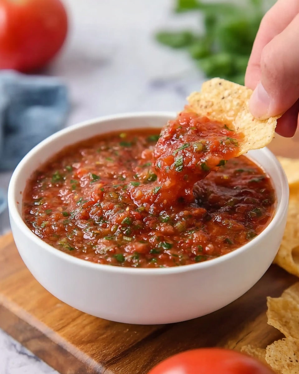 A white bowl filled with chunky red salsa that has visible green herb pieces mixed inside, showing a thick and textured sauce. A woman's hand is holding a light-colored tortilla chip dipped into the salsa, lifting some of the sauce. The bowl sits on a wooden board with a white marbled background visible behind it. There is a blurred red tomato and some green leaves in the background, all under soft lighting. photo taken with an iphone --ar 4:5 --v 7