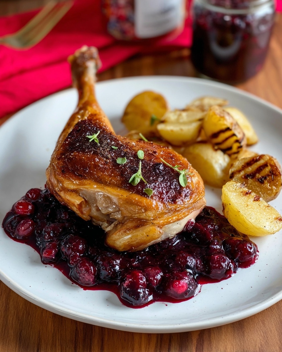 The dish shows one piece of golden brown roasted meat placed in the center of a white plate, topped with a few dollops of glossy dark red cherry sauce with chunks of cherries. Underneath the meat, the cherry sauce pools richly with a shiny texture. On the right side of the plate, there are several golden-brown roasted potato wedges with a soft texture, and next to them, there are caramelized wedges of roasted onions showing brown edges. Small green herb sprinkles are scattered lightly on top of the meat. The plate sits on a white marbled background with a blurred red cloth and a cherry jam jar behind it. Photo taken with an iphone --ar 4:5 --v 7