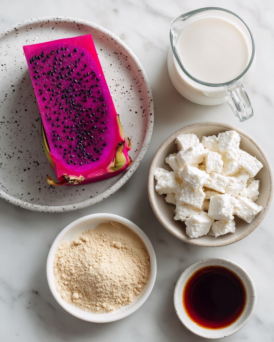 A deep purple rectangle-shaped piece of dragonfruit is placed on a white plate with small gray speckles at the top left. Below it on the white marbled surface are a small white dish of light beige protein powder and a white dish with dark brown maple syrup. To the right, a white cup is filled with white cottage cheese, and above it is a clear glass pitcher holding white milk. All items are arranged on a white marbled surface. photo taken with an iphone --ar 4:5 --v 7