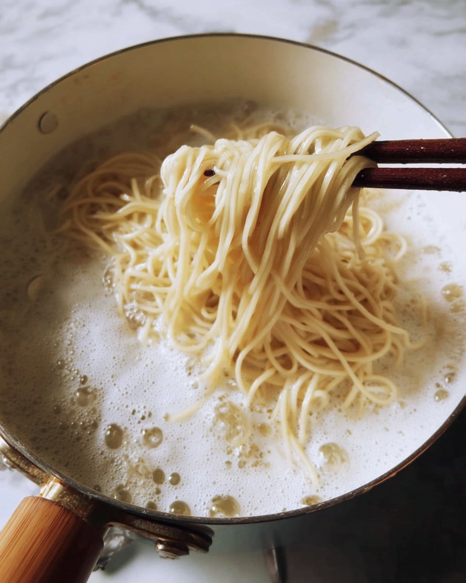 A close-up view of pale yellow noodles being lifted above a pot of boiling water with bubbles and white foam on the surface, held by dark brown chopsticks with a smooth texture and a light wooden handle part visible on the left side, the pot is white with a shiny metal rim, and the background shows a white marbled texture. photo taken with an iphone --ar 4:5 --v 7
