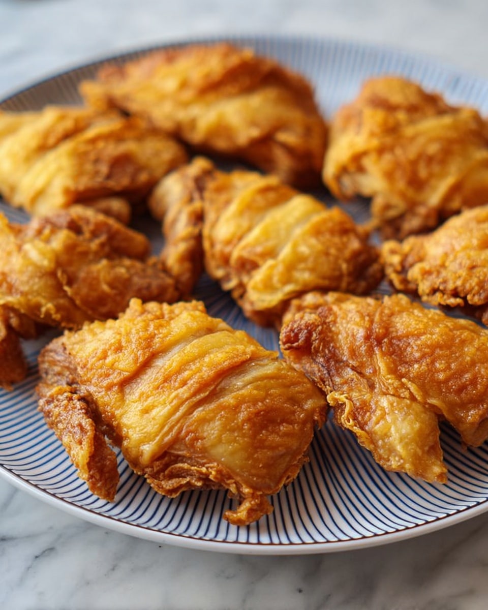 The image shows several pieces of golden-brown fried chicken placed neatly on a round white plate with blue stripes. Each piece has a shiny, crisp skin with a slightly rough texture and a layered look from the fried coating on top. The chicken pieces are arranged side by side, with some overlapping slightly, all lying flat on the plate's curved surface. The background is a white marbled surface, making the colors of the chicken and plate stand out clearly. photo taken with an iphone --ar 4:5 --v 7