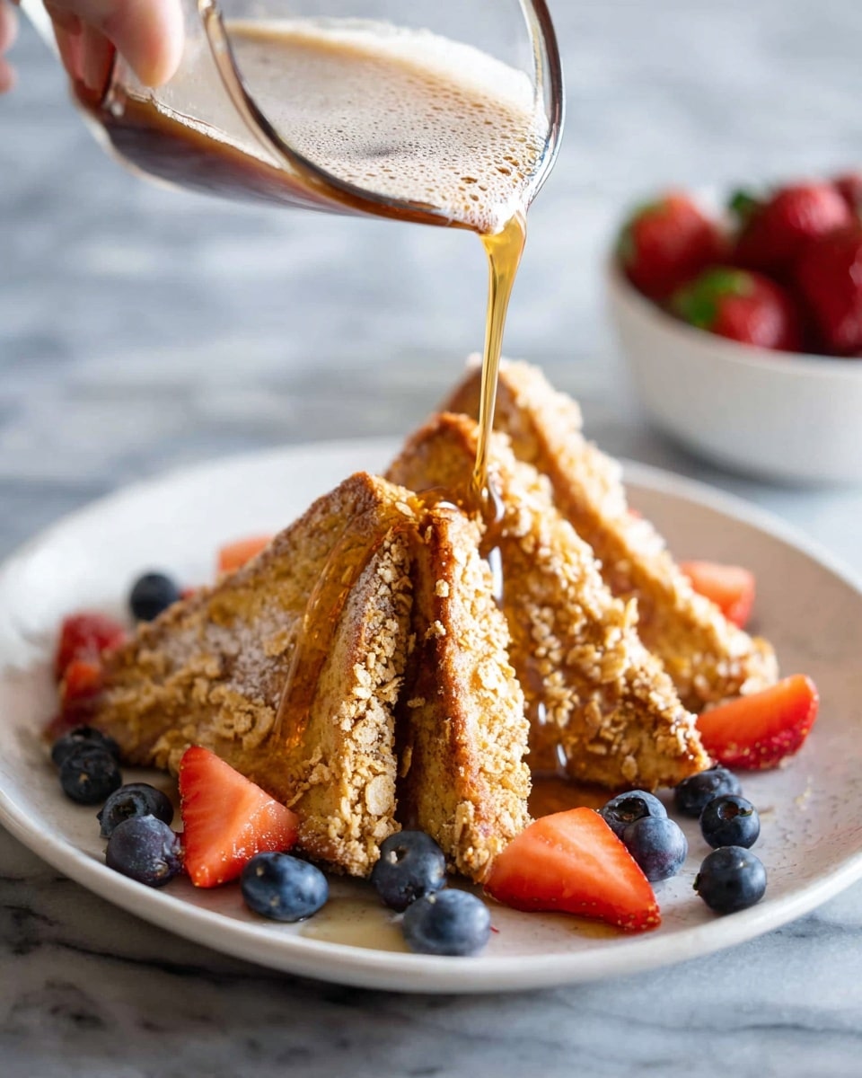 A white plate holds four triangular crispy layers of golden-brown cereal-coated toast stacked in a slightly overlapping pattern. Light brown syrup with a foamy texture is being poured over the toast from a clear glass container held by a woman's hand on the left. Fresh blueberries and sliced strawberries are placed around the toast on the plate showing bright blue and red colors. The scene is set on a white marbled surface with a blurred bowl of strawberries in the background. photo taken with an iphone --ar 4:5 --v 7