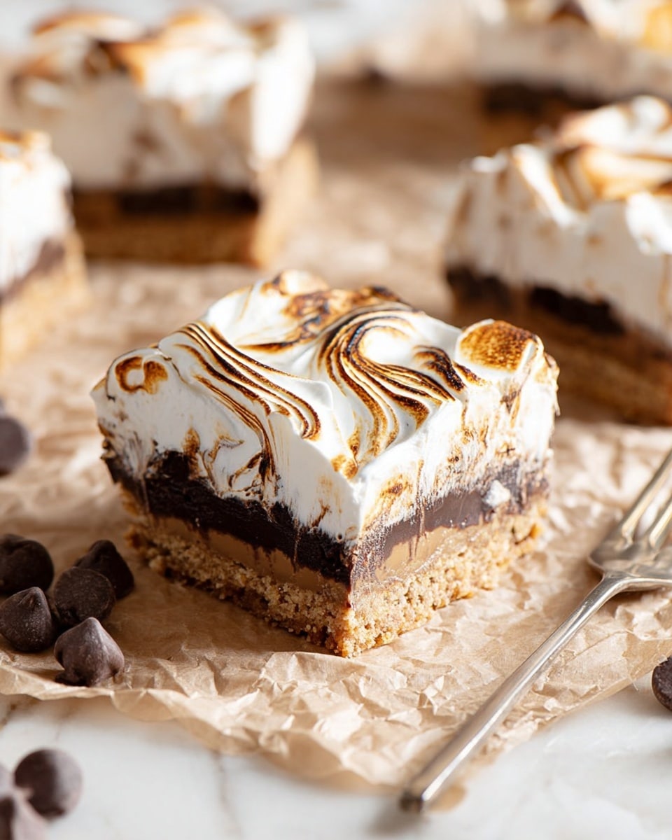 The image shows a close-up of a layered dessert square with three layers: the bottom layer is a crumbly light brown crust, the middle layer is a dense dark chocolate filling, and the top layer is a thick, white toasted marshmallow topping with golden brown swirls. The dessert piece is placed on crinkled parchment paper with a few scattered chocolate chips around it and a silver fork nearby. In the background, you can see more squares of the same dessert slightly out of focus, all on a white marbled surface. photo taken with an iphone --ar 4:5 --v 7
