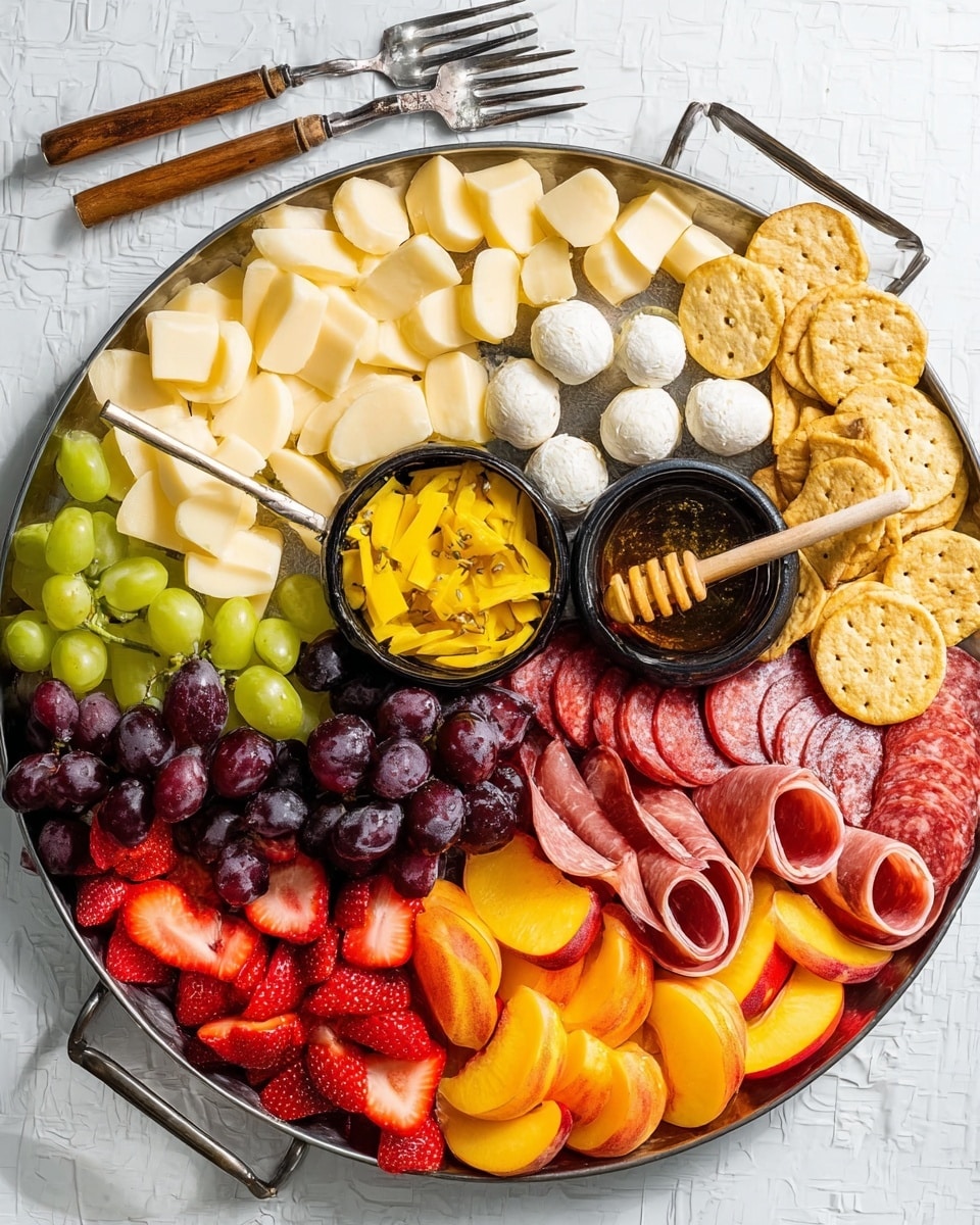 A large metal tray holds a colorful mix of foods arranged in neat layers. Starting from the top left, there are creamy white slices of brie cheese next to small yellow cheese cubes. To the right, a cluster of round white cheese balls forms a ring around a small black bowl filled with bright yellow pickled peppers. Below that, there is a layer of folded slices of red salami next to light pink rolled slices of prosciutto. Toward the bottom center, orange peach slices and red strawberry slices fan out in neat rows. On the bottom left, a mix of green and dark purple grapes fill the space. Two small black bowls sit among the layers, one filled with honey and a wooden honey dipper resting on it, the other with grainy mustard. Round yellow crackers are spread outside the tray, partly under the edges. The tray sits on a white marbled background with two metal forks with wooden handles placed on the left side. Photo taken with an iphone --ar 4:5 --v 7