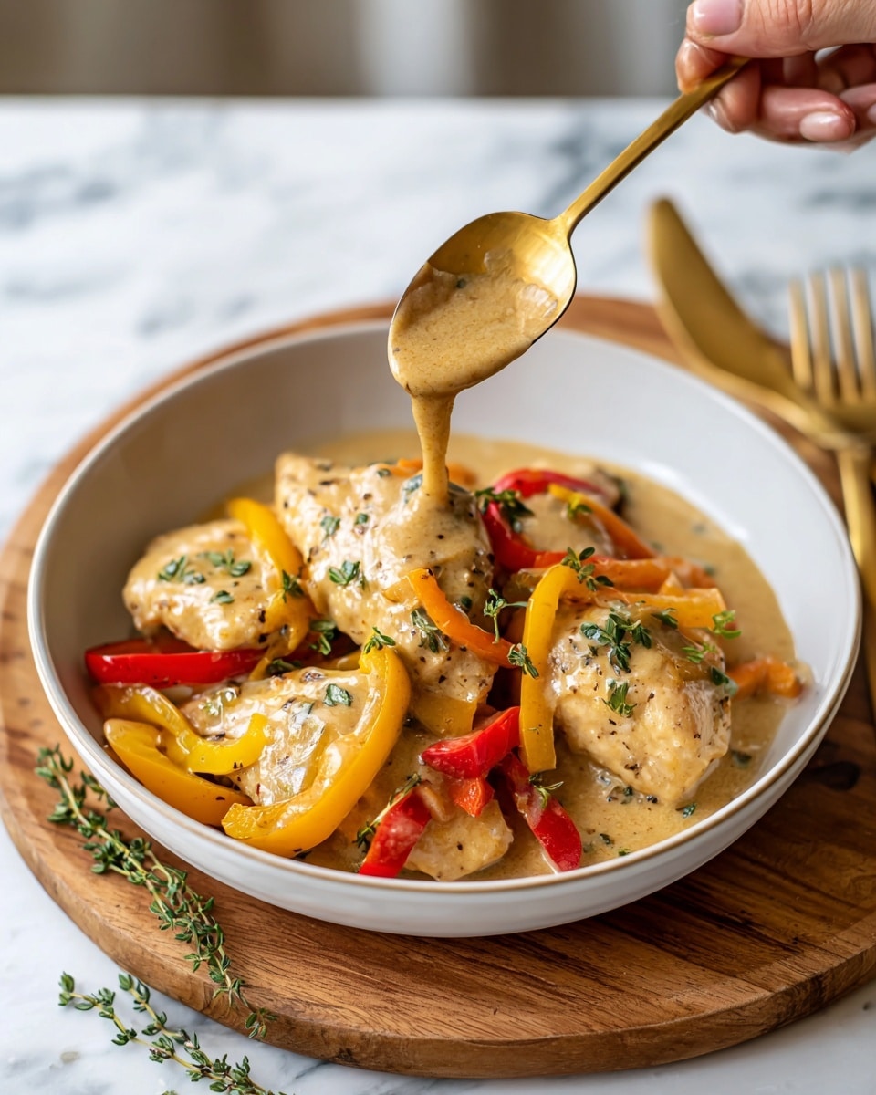 A white bowl holds three pieces of cooked chicken covered in a light brown sauce with a smooth, slightly glossy texture. On top of the chicken are strips of red and yellow bell peppers adding bright color and small green sprigs of thyme scattered around. A woman's hand is holding a gold spoon above the bowl, dripping the same sauce onto the chicken. The bowl is placed on a wooden board with a gold fork resting nearby, and a white marbled surface is visible underneath. Photo taken with an iphone --ar 4:5 --v 7