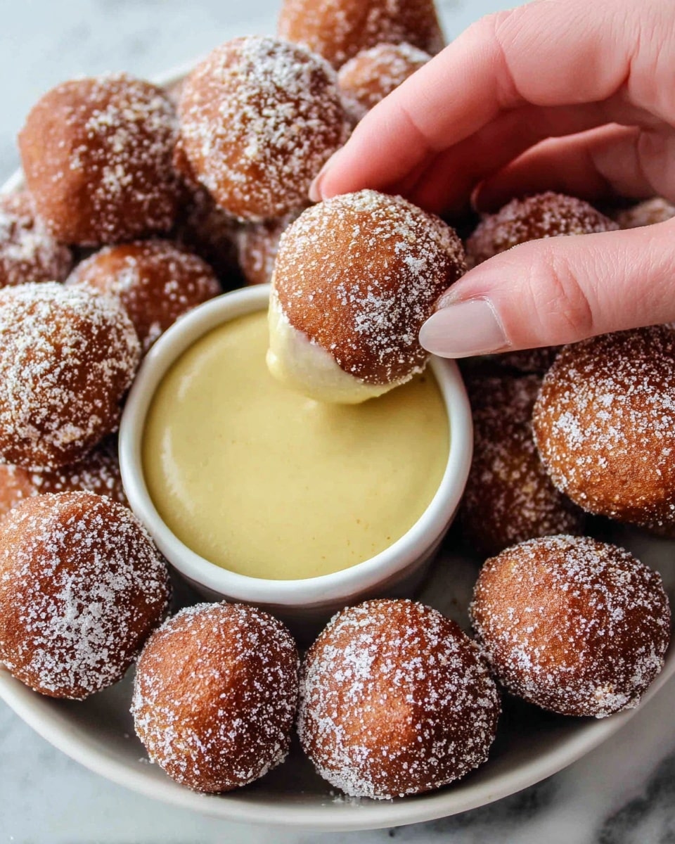 A close-up image of small round brown fried dough balls, all dusted with white powdered sugar. The dough balls cover a white plate with a white marbled surface beneath. In the plate center is a small white bowl filled with a smooth pale yellow dipping sauce. A woman's hand is holding one dough ball, dipping it lightly into the sauce. The dough balls have a rough and slightly cracked texture on the surface. photo taken with an iphone --ar 4:5 --v 7
