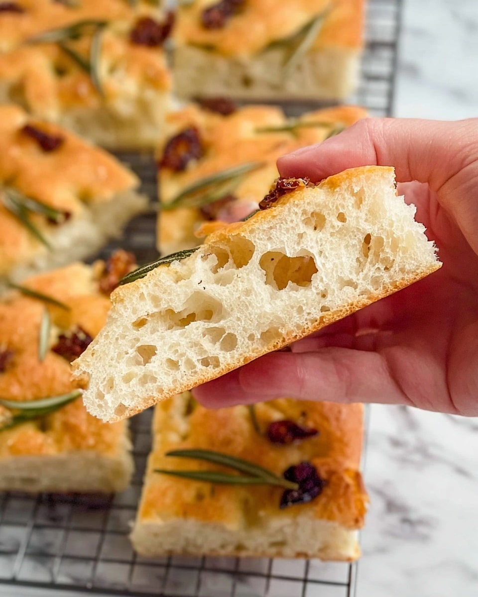A close-up view shows a piece of golden-brown focaccia bread being held by a woman's hand. The bread has a soft, airy inside with many small holes, and a slightly crispy crust on the outside. In the background, several more pieces of focaccia are visible on a wire rack, all topped with small green rosemary sprigs and dark brown sun-dried tomatoes, spread evenly. The scene is set on a white marbled surface. photo taken with an iphone --ar 4:5 --v 7