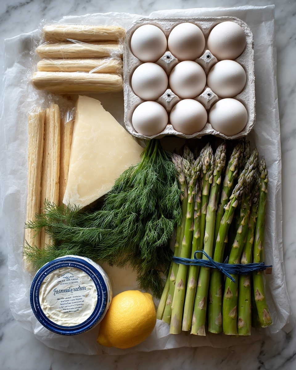 A white tray filled with many eggs in two rows is placed on a white marbled surface at the right side of the image. Next to it, a bundle of fresh green asparagus with a blue tie wraps around the middle lies horizontally. A pack of fresh dill with dark green feathery leaves is below the asparagus, and a pack of round puff pastry sticks is diagonally placed to its left. Below the dill, a wedge of pale yellow Parmesan cheese lies leaning against a whole bright yellow lemon, which sits next to a blue tub of cream cheese with a white lid. The whole arrangement is lit softly with natural light, showing all textures clearly photo taken with an iphone --ar 4:5 --v 7