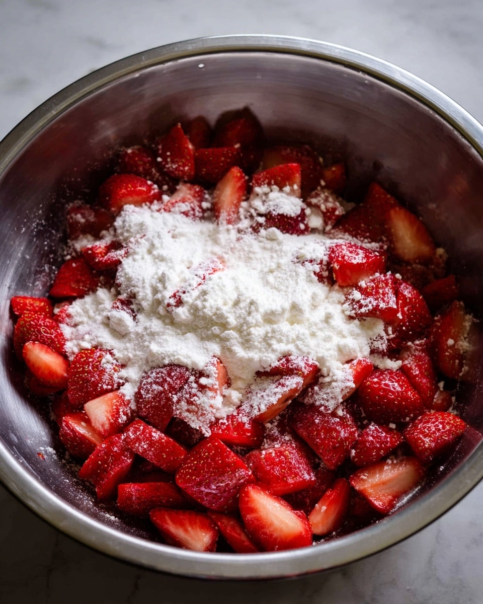 A large silver metal bowl filled with two layers; the bottom layer is bright red sliced strawberries spread evenly across the bowl, and the top layer is a generous dusting of white powdered sugar scattered mainly in the center, slightly covering some of the strawberries. The strawberries have a fresh, juicy texture with visible seeds and their red color contrasts with the white sugar. The bowl sits on a white marbled surface. photo taken with an iphone --ar 4:5 --v 7