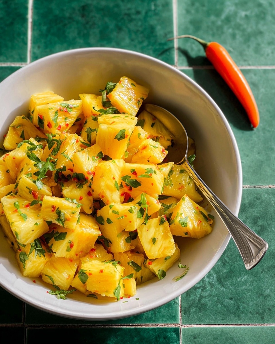A white bowl filled with large, bright yellow pineapple pieces, cut into triangles and chunks, mixed with small bits of green herbs and tiny orange peppers scattered throughout. A metal spoon is partially inside the bowl. Around the bowl, three small whole orange peppers rest on a white marbled textured surface. The lighting highlights the juicy texture of the pineapple and the fresh look of the herbs and peppers. photo taken with an iphone --ar 4:5 --v 7