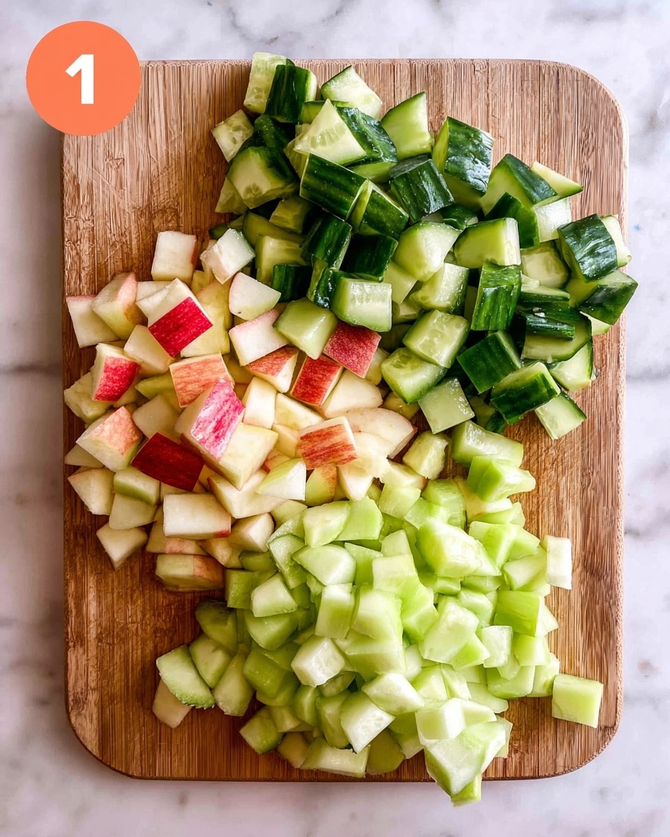 The image shows a wooden board on a white marbled surface filled with small chopped pieces of two types of fruits and one vegetable. At the back, there is a pile of green cucumber pieces with dark green skin and light green inside, cut into thick, uneven small blocks with some rounded edges. In front of the cucumbers, there are diced apple pieces with red and pale yellow skin and white flesh, chopped roughly into small cubes. At the bottom, there are chopped green apple pieces with green skin and pale inside, also in small cubes. In the top left corner, there is a circular orange label with the number 1 in white. The overall scene is brightly lit, showing fresh and crisp textures, photo taken with an iphone --ar 4:5 --v 7