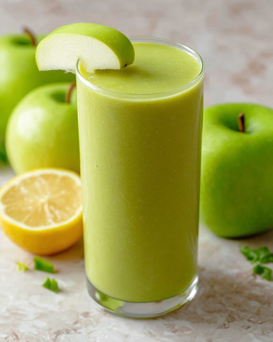 A tall clear glass filled with a smooth, light green smoothie that has a creamy texture, almost filling the glass to the top. On the rim of the glass, there is a wedge of bright green apple, fresh and crisp looking. The background shows whole and half green apples, a lemon half with bright yellow inside, and a few small green apple pieces scattered around. The surface is a white marbled texture. photo taken with an iphone --ar 4:5 --v 7