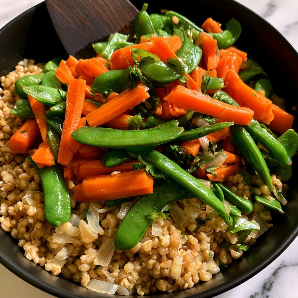 The image shows a black bowl filled with a colorful stir-fry dish. The first layer consists of small, light brown grains mixed with chopped translucent onions. On top, there are bright orange carrot sticks cut into sticks and vibrant green snap peas scattered throughout. Small bits of chopped herbs add a touch of green to the mix. A dark wooden spatula is partially placed inside the bowl, lifting some of the stir-fry. The bowl sits on a white marbled surface. Photo taken with an iphone --ar 4:5 --v 7