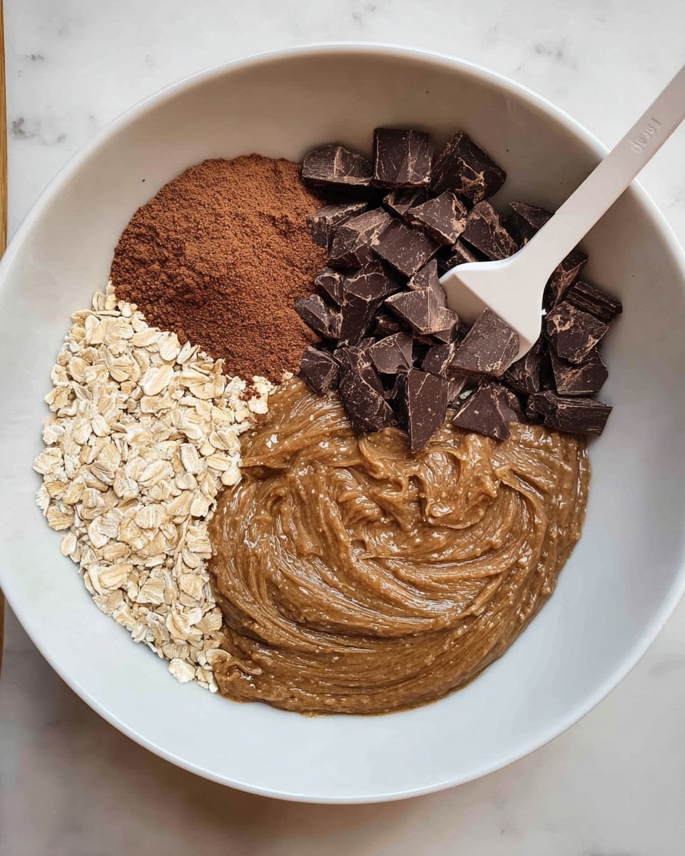 A white bowl contains four separate layers of ingredients arranged side by side. Starting from the left, there is a light tan layer of dry rolled oats with a rough texture. Next to it on the right is a darker brown finely ground powder. Above the powder is a pile of uneven, chunky dark chocolate pieces in various shapes and sizes. On the right side, taking up the largest space, is a thick, creamy brown almond butter mixture with a slightly shiny surface and textured swirls. A white spatula rests in the bowl, touching the almond butter layer. The bowl is placed on a white marbled surface. photo taken with an iphone --ar 4:5 --v 7