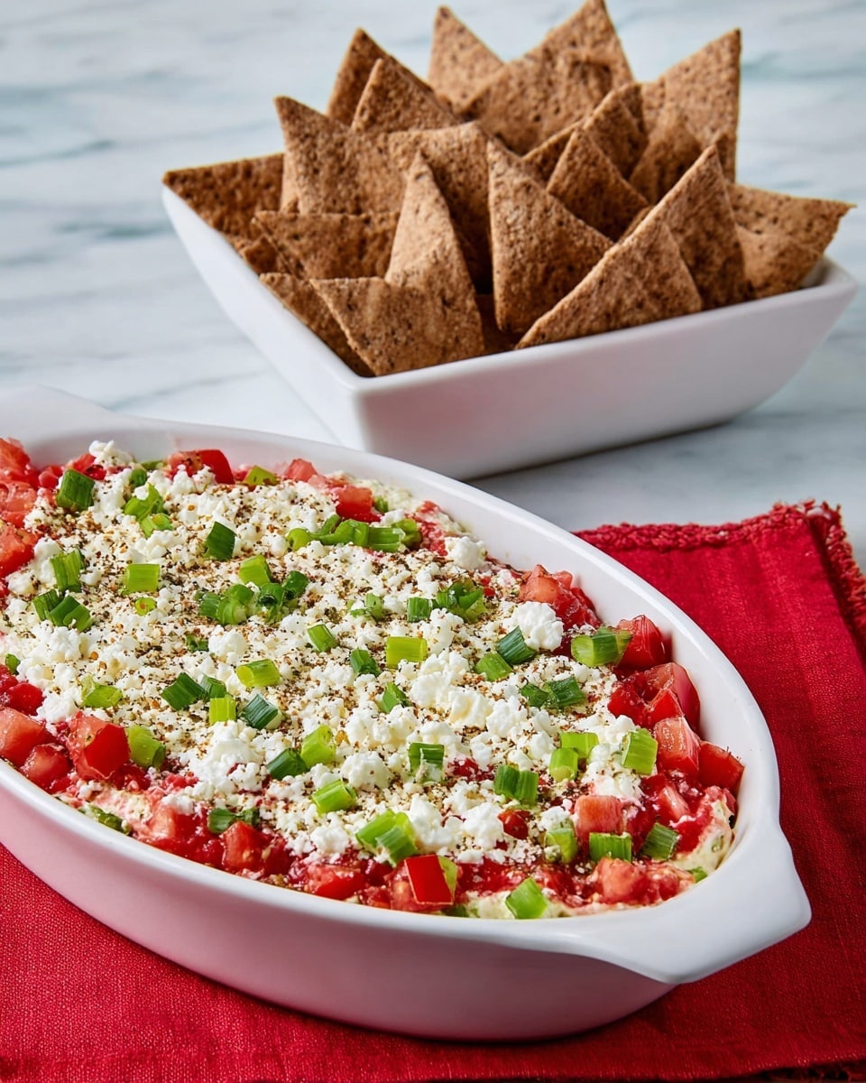 The image shows a white oval dish filled with a layered dip. The bottom layer uses chopped red tomatoes, topped with white crumbled cheese spread evenly. Green chopped spring onions are scattered on top, adding color contrast. There is a light sprinkling of dried herbs or spices over the cheese and onions. Behind the dish, there is a white square bowl filled with triangular pieces of brown pita chips standing upright. The dishes are placed on a white marbled surface with a red cloth under the oval dish. Photo taken with an iphone --ar 4:5 --v 7