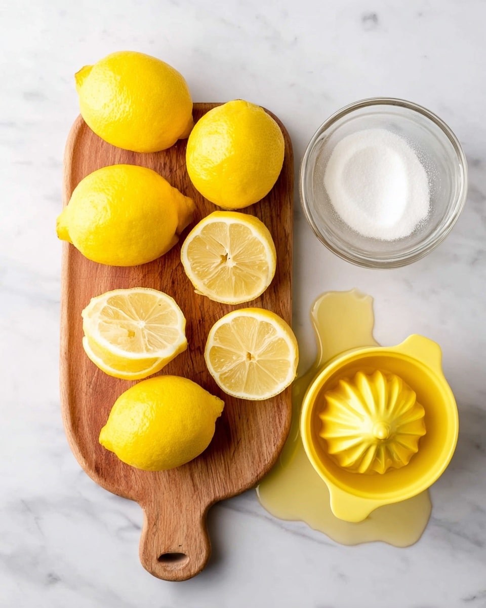 The image shows a top view of a wooden cutting board on a white marbled surface. On the left side of the board, there are five whole bright yellow lemons, and on the lower half, four lemon halves with one lemon being squeezed out. On the right side, there is a yellow lemon juicer with a ridged center and a spout, holding a lemon half that is being pressed down, with fresh lemon juice pooling around it. At the top right corner of the board, there is a clear glass bowl filled with white granulated sugar. The whole setup gives a fresh, clean kitchen vibe. photo taken with an iphone --ar 4:5 --v 7