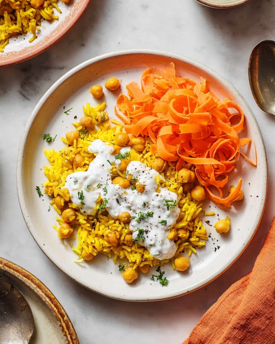 A white plate holds a serving of yellow rice mixed with chickpeas spread in a mound on the left side. On top of the rice is a drizzle of white creamy sauce sprinkled with small green herb pieces and black pepper. To the right of the rice is a small pile of thin, curled carrot ribbons with a smooth texture. A silver fork rests on the bottom left edge of the plate, touching the rice. The setting is on a white marbled surface with a slightly blurred background showing parts of additional white plates and lime halves. Photo taken with an iphone --ar 4:5 --v 7