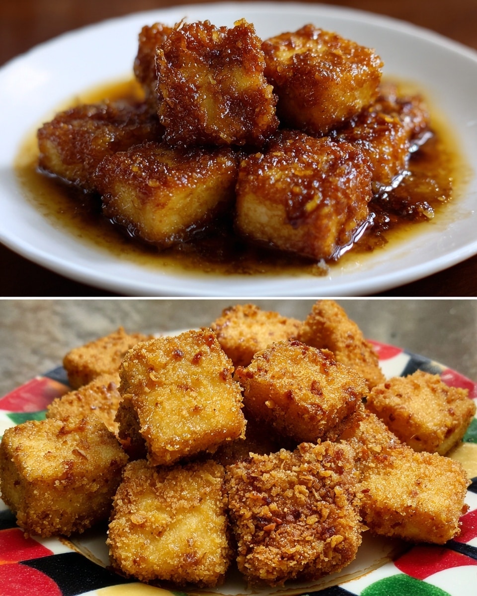 The image shows two different views of small fried golden-brown food pieces. In the top view, six tofu pieces with crispy textured skin are arranged loosely on a white plate with a shiny wet sauce that looks sticky and covers parts of the pieces, making them look shiny and soft in parts. In the bottom view, many similar golden fried pieces are piled casually on a colorful plate with red, green, and black shapes, showing a rough crispy coating with small crispy bits scattered around. The pieces are roughly square and triangular and appear crunchy on the outside. Photo taken with an iphone --ar 4:5 --v 7