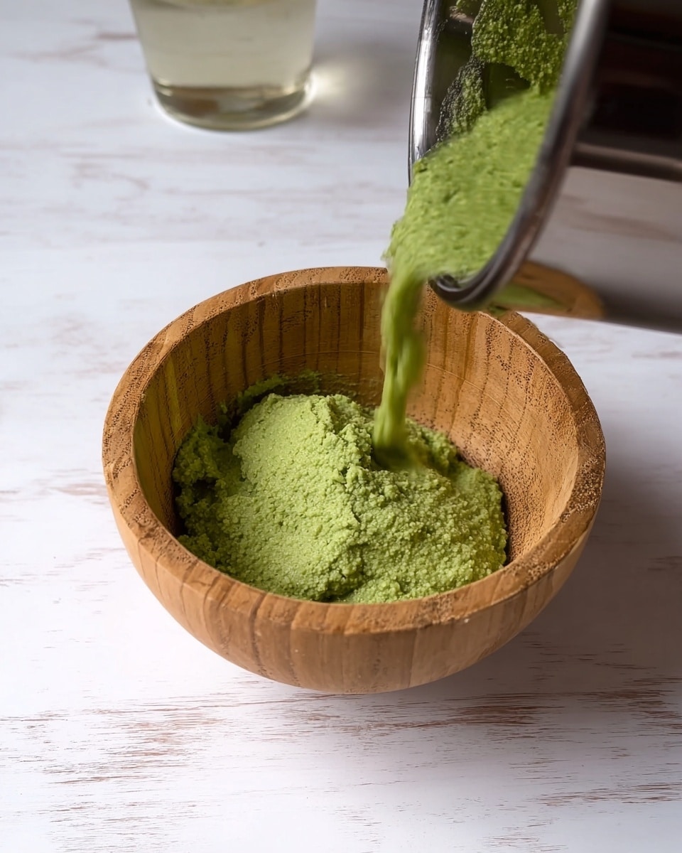 The image shows a light brown wooden bowl placed on a white marbled surface. Inside the bowl, there is one layer of thick, green mixture with a slightly grainy texture. Above the bowl, a metal container is pouring more of the same green mixture into it. A clear glass with some liquid is visible in the upper left corner of the image. Photo taken with an iphone --ar 4:5 --v 7